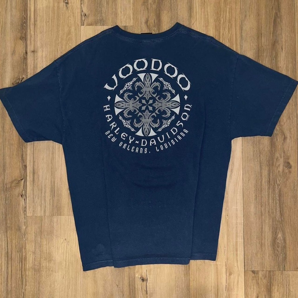 Vintage Harley Davidson Y2K Voodoo New Orleans Tee Navy Blue Silver Cross XL